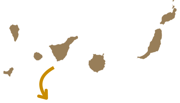Siluetas de las Islas Canarias con una flecha amarilla curvada señalando la isla central-sur.