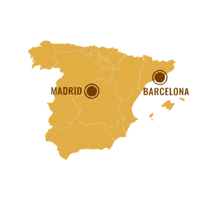 Mapa de España, con puntos de ubicación en Barcelona y Madrid